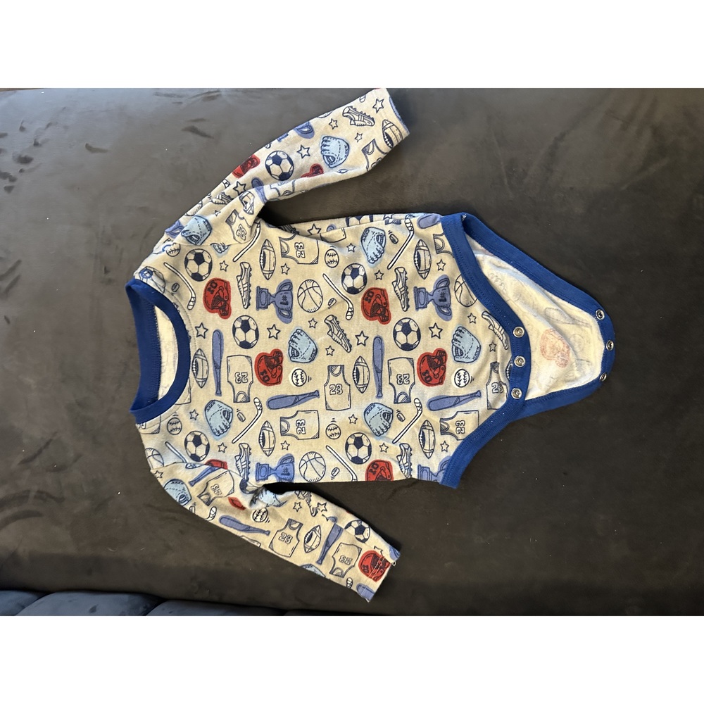 5/$10 Baby onesie/bodysuit blue and grey sports theme 12 months